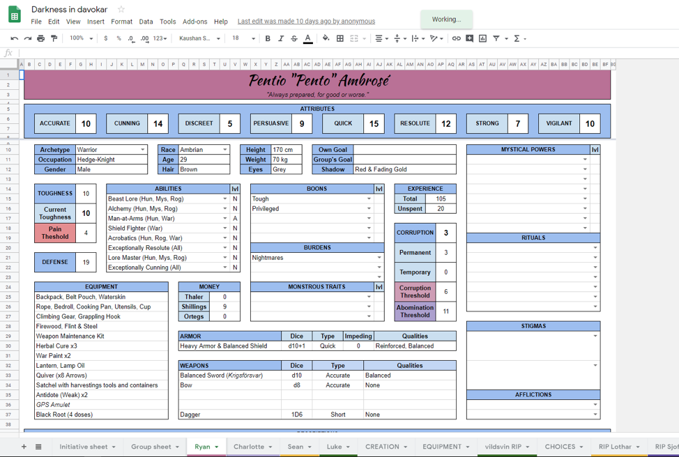 A character sheet created and edited in Google Sheets makes access easy for everyone in the game.