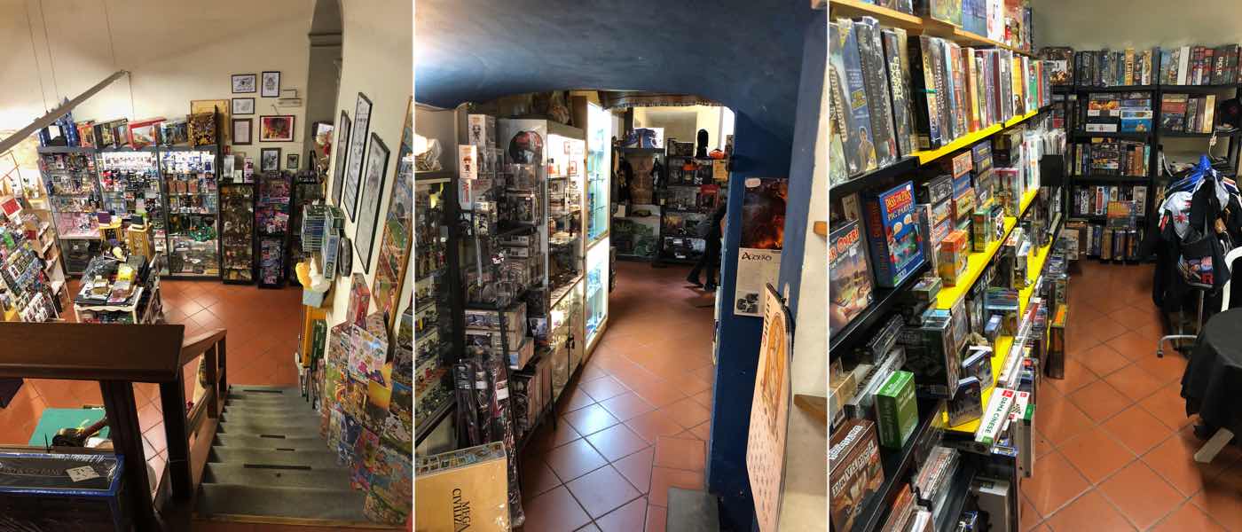 The inside of the Stratagemma game store in Florence, Italy is packed with games.