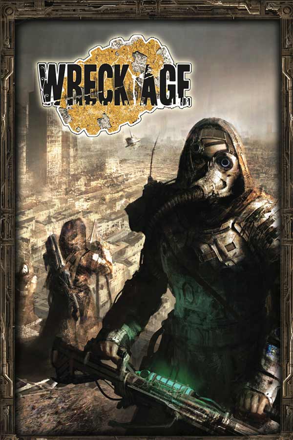 The cover to Wreck Age shows two survivors standing above the ruins of an ancient city.